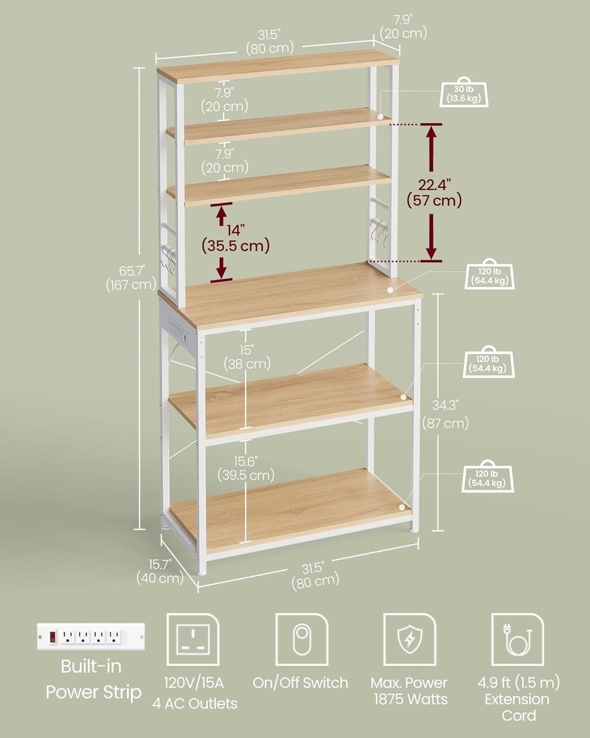 Home Oak/White Baker's Rack with 4 AC Outlets N2Y9 - product image 8