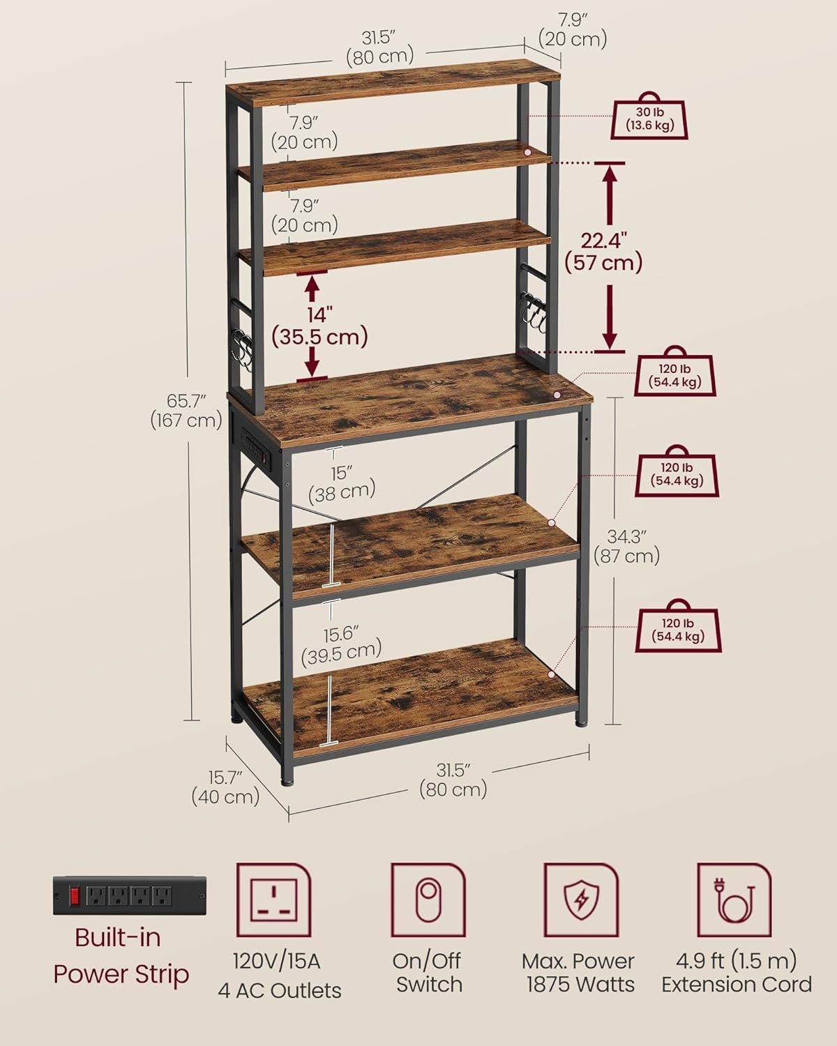 Home Small Rustic Brown Baker's Rack with 4 AC Outlets U3L8 - product image 5