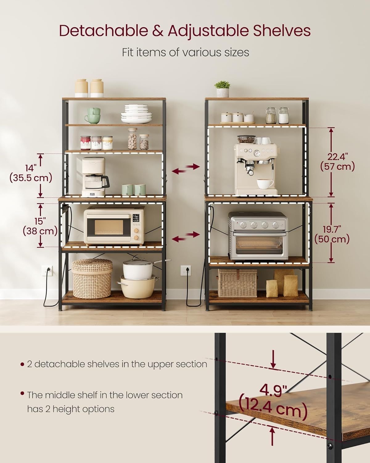Home Small Rustic Brown Baker's Rack with 4 AC Outlets U3L8 - product image 8